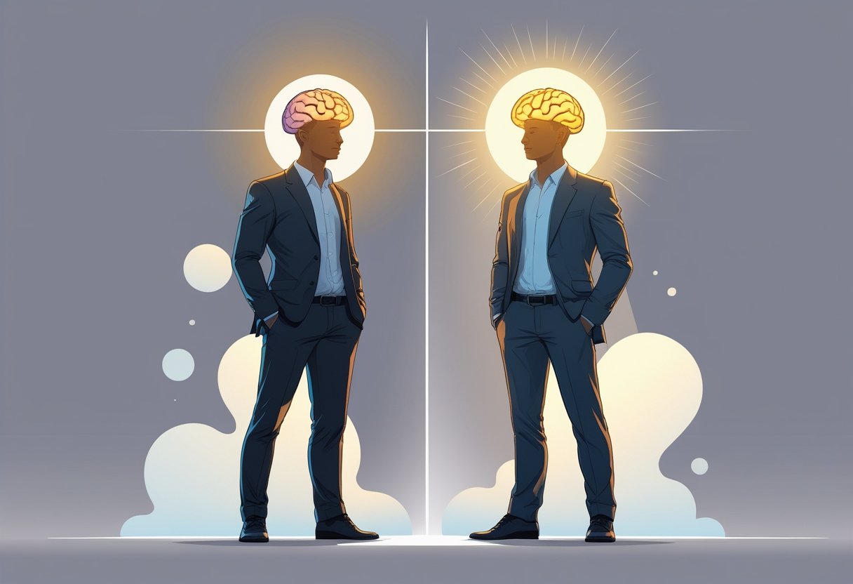 Two people standing side by side, one looking confident with a small dim brain inside their head, the other calm with a large bright brain, illustrating different levels of self-awareness.