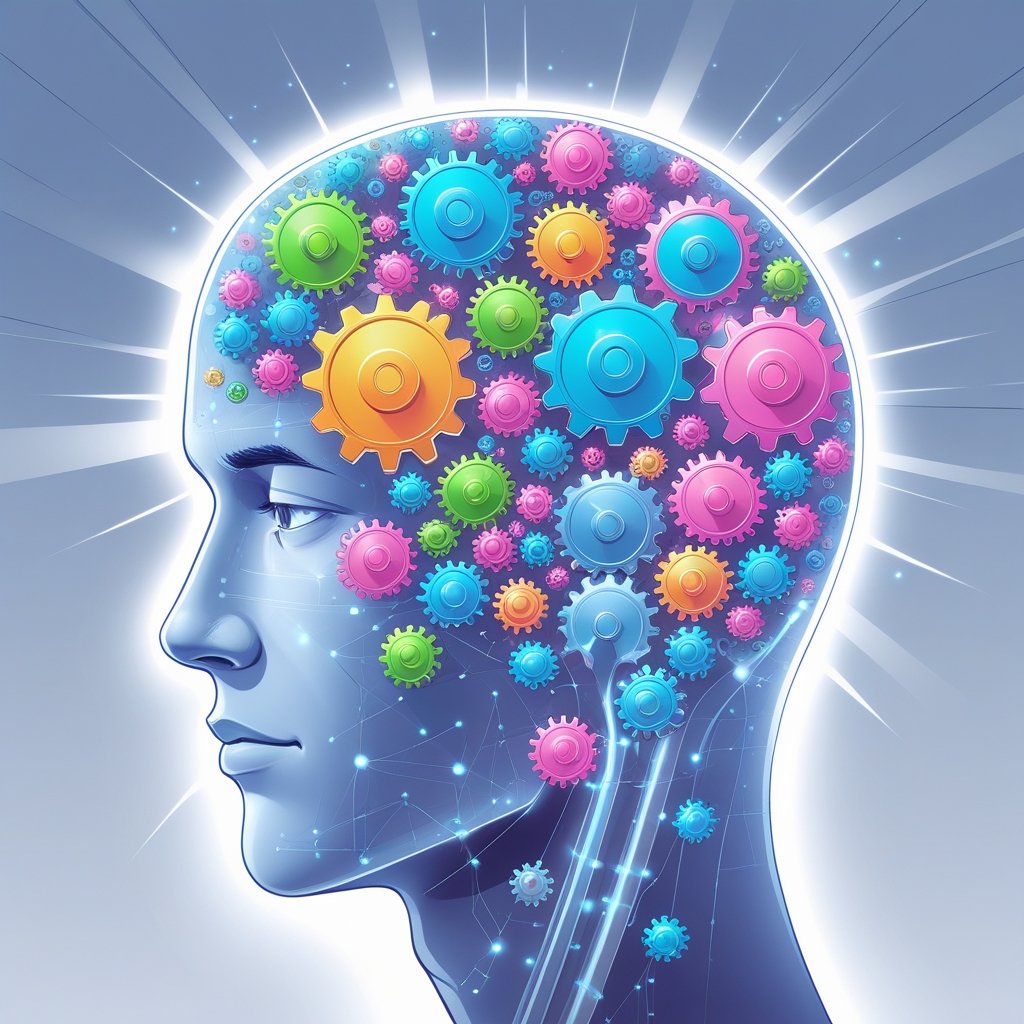 A side view of a human head showing the brain with crowded gears on one side and neatly arranged gears glowing on the other side, symbolizing mental clutter and clear thinking.