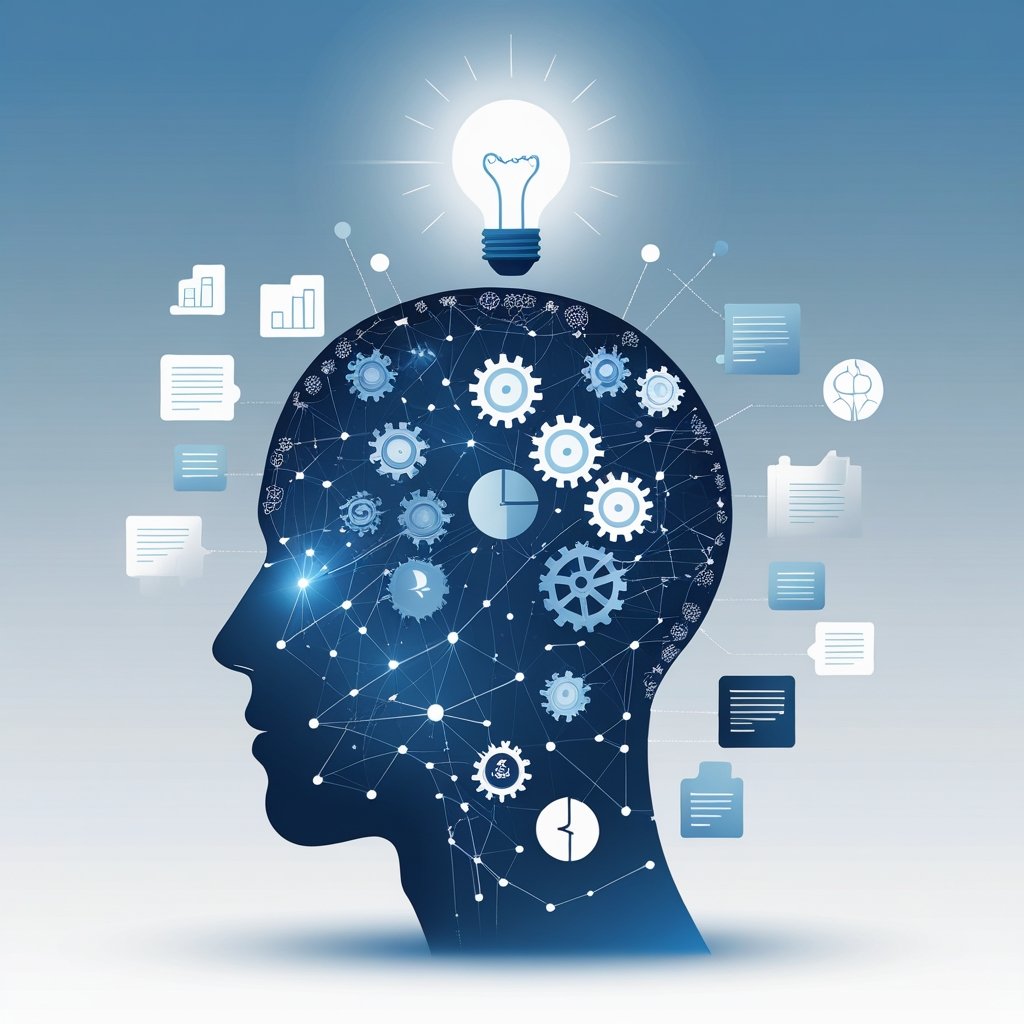 A human head silhouette filled with gears and neural patterns, with a glowing light bulb above it and icons of books, charts, and puzzle pieces around.
