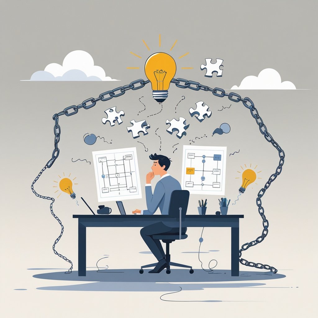 A person sitting thoughtfully at a desk with floating puzzle pieces, broken chains, and a glowing light bulb symbolizing breaking bad habits through critical thinking.