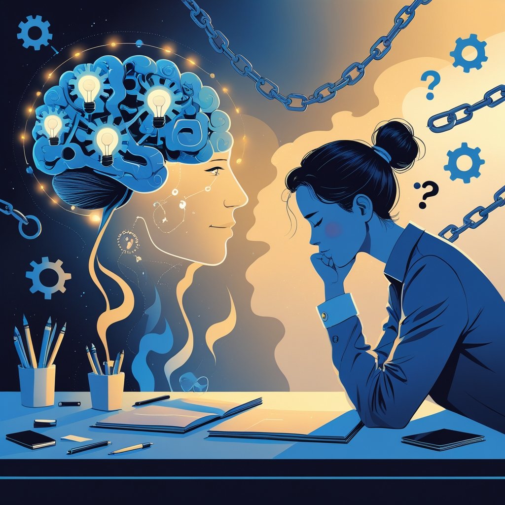 A person thoughtfully sitting at a desk surrounded by symbols of critical thinking and breaking bad habits, including a glowing brain made of gears, broken chains, and icons representing reflection and decision-making.