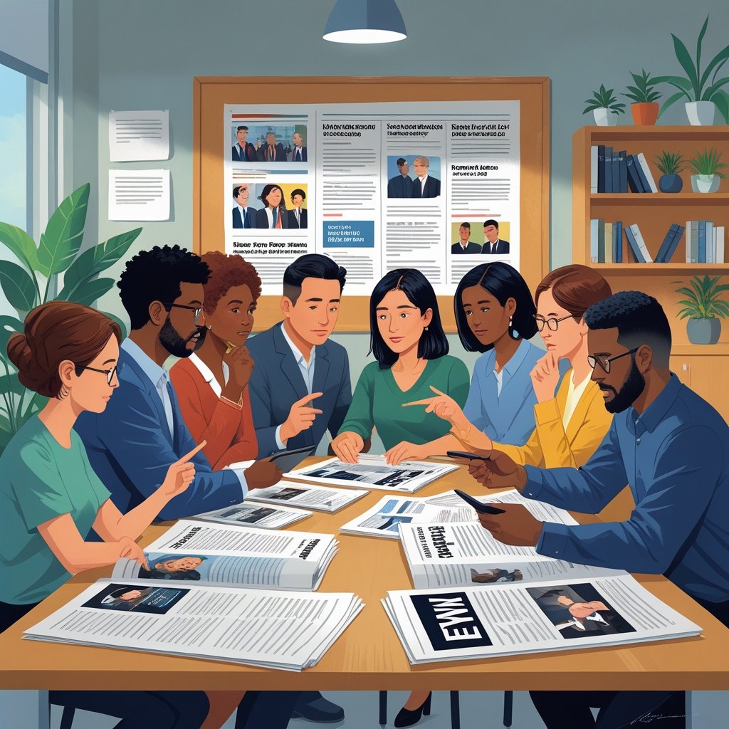 A group of diverse people gathered around a table, thoughtfully discussing and analyzing news articles displayed on papers and electronic devices.