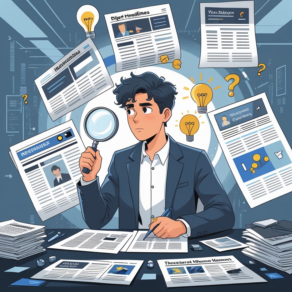 A person sitting at a desk examining floating news headlines with a magnifying glass, surrounded by symbols of critical thinking like question marks and light bulbs.