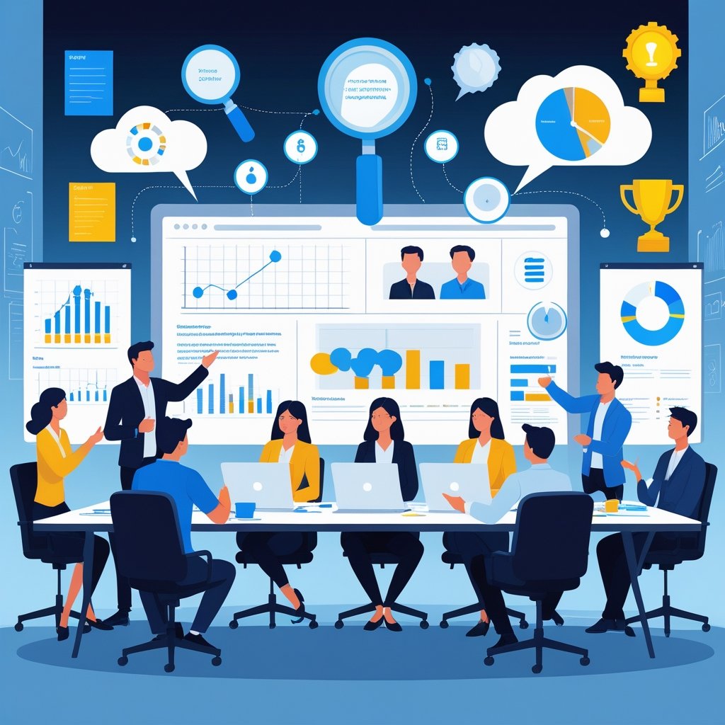 A group of marketers collaborating around a table with floating icons representing different cognitive biases above them.