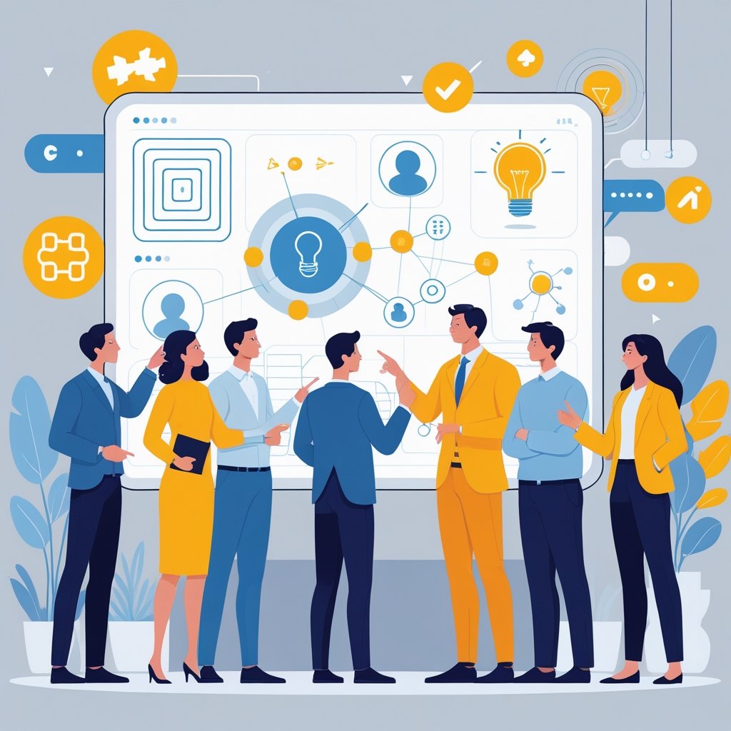 A group of marketers discussing cognitive biases around a digital screen showing abstract symbols representing decision-making and influence.