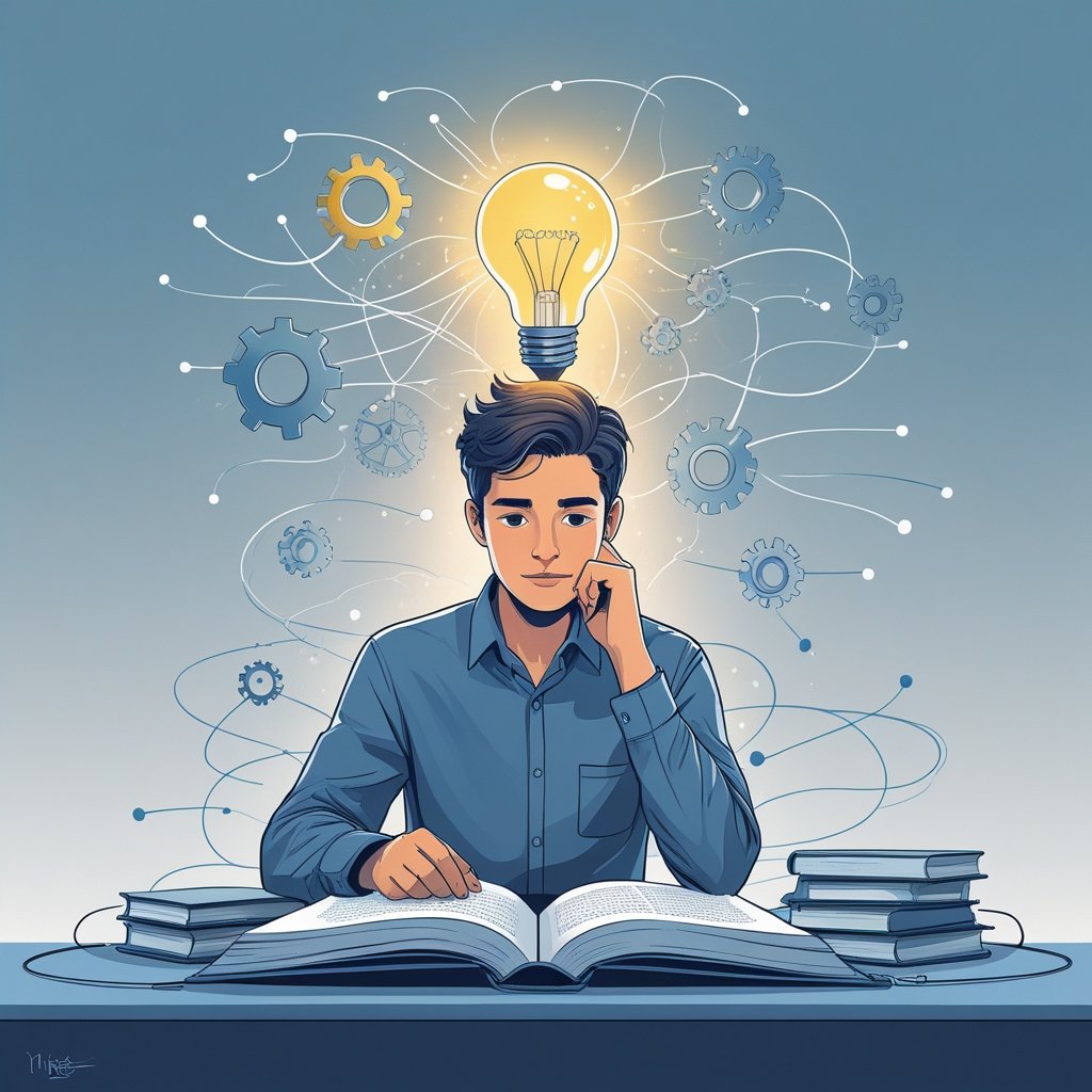 A person sitting at a desk with an open book and a glowing light bulb above their head, surrounded by abstract gears and neural network patterns representing critical thinking and intuition.