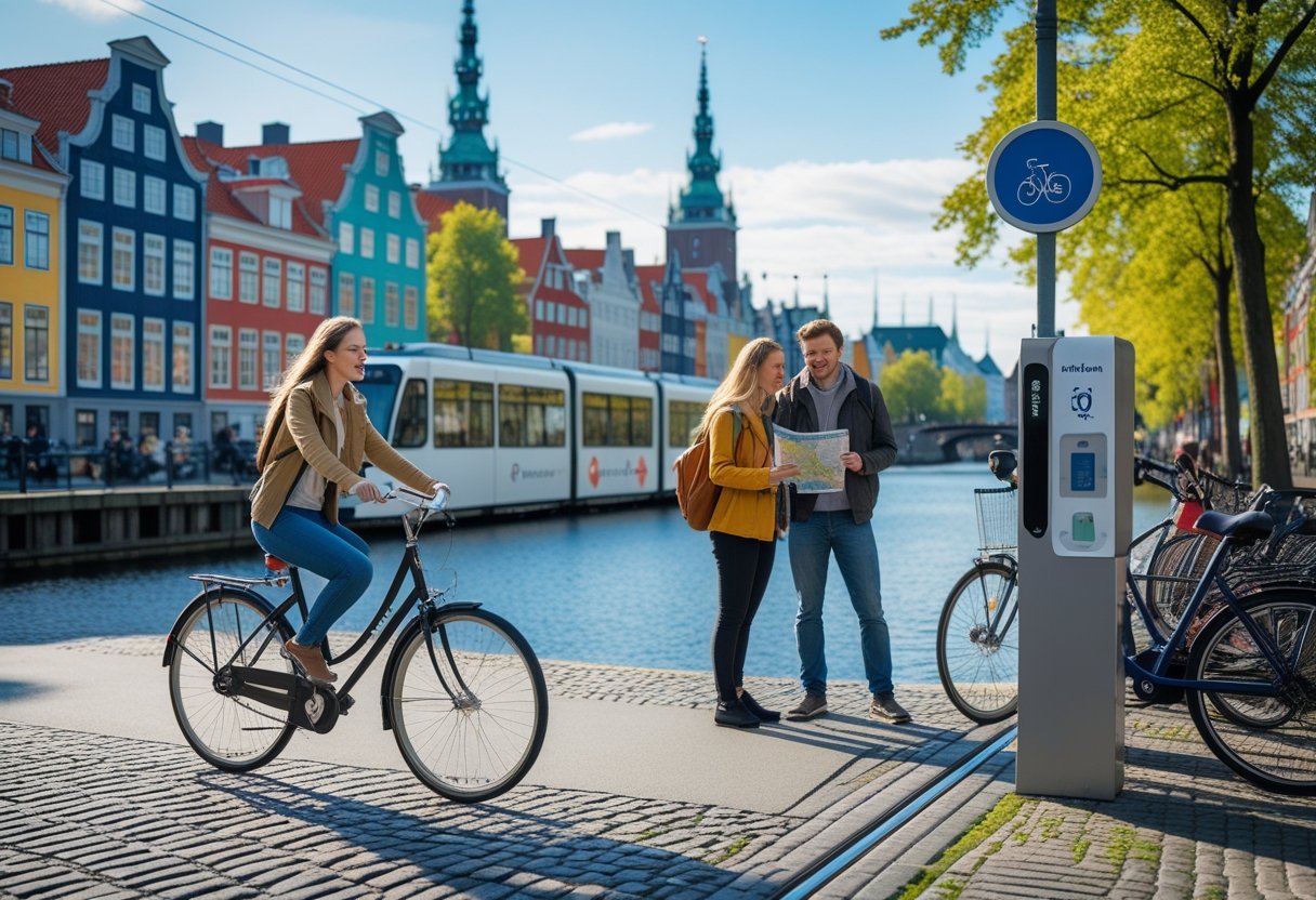 People traveling in Copenhagen by bicycle, tram, and walking along streets with colorful buildings and canals.