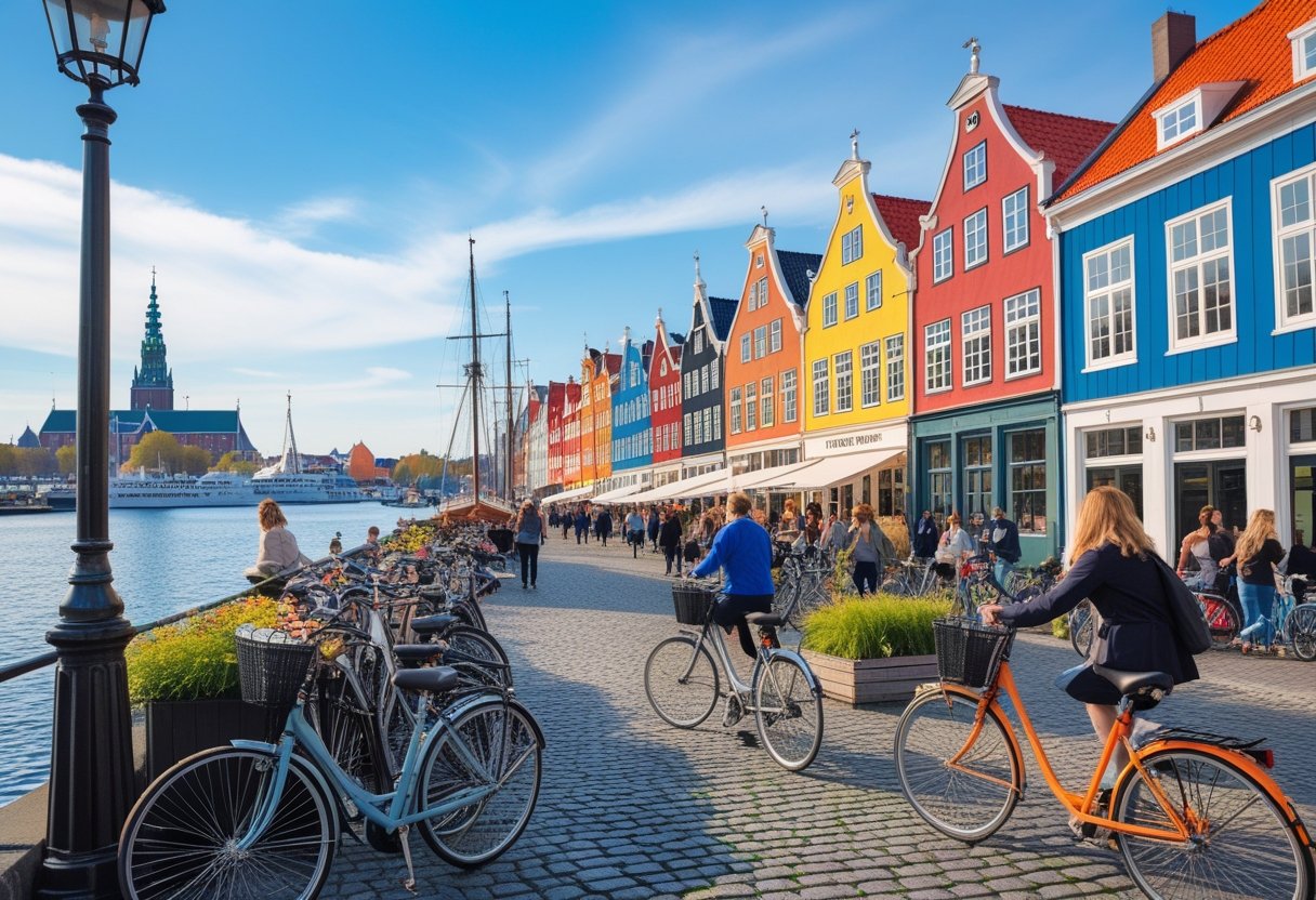 Colorful waterfront buildings in Copenhagen with bicycles parked nearby and people enjoying a sunny day outdoors.