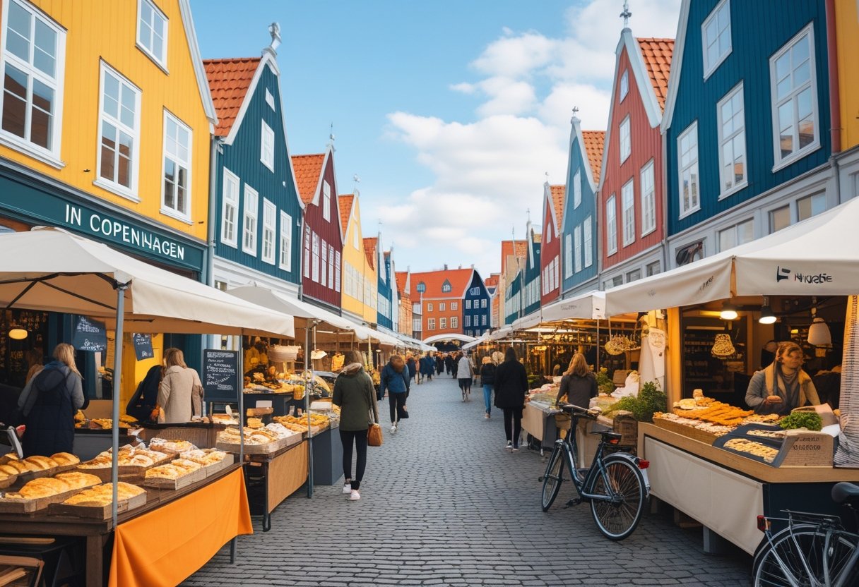 People shopping and eating at an outdoor market street in Copenhagen with colorful buildings and bicycles nearby.