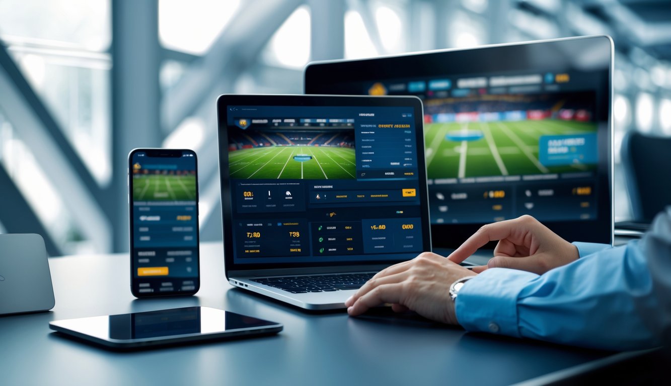 Orang menggunakan beberapa perangkat digital di meja kerja dengan latar belakang elemen olahraga seperti stadion sepak bola dan lapangan basket.