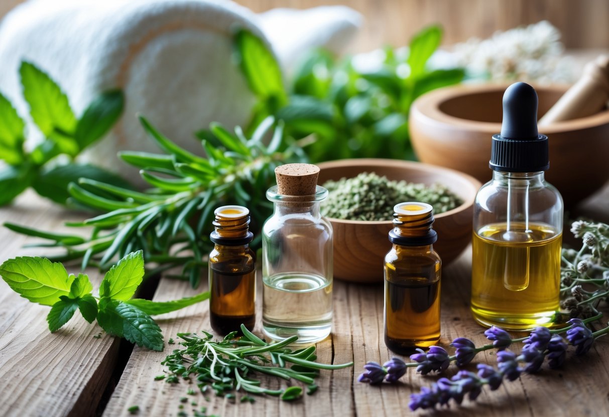A wooden table with fresh herbs, small bottles of essential oils, and a bowl of ground herbs arranged for DIY hair growth remedies.