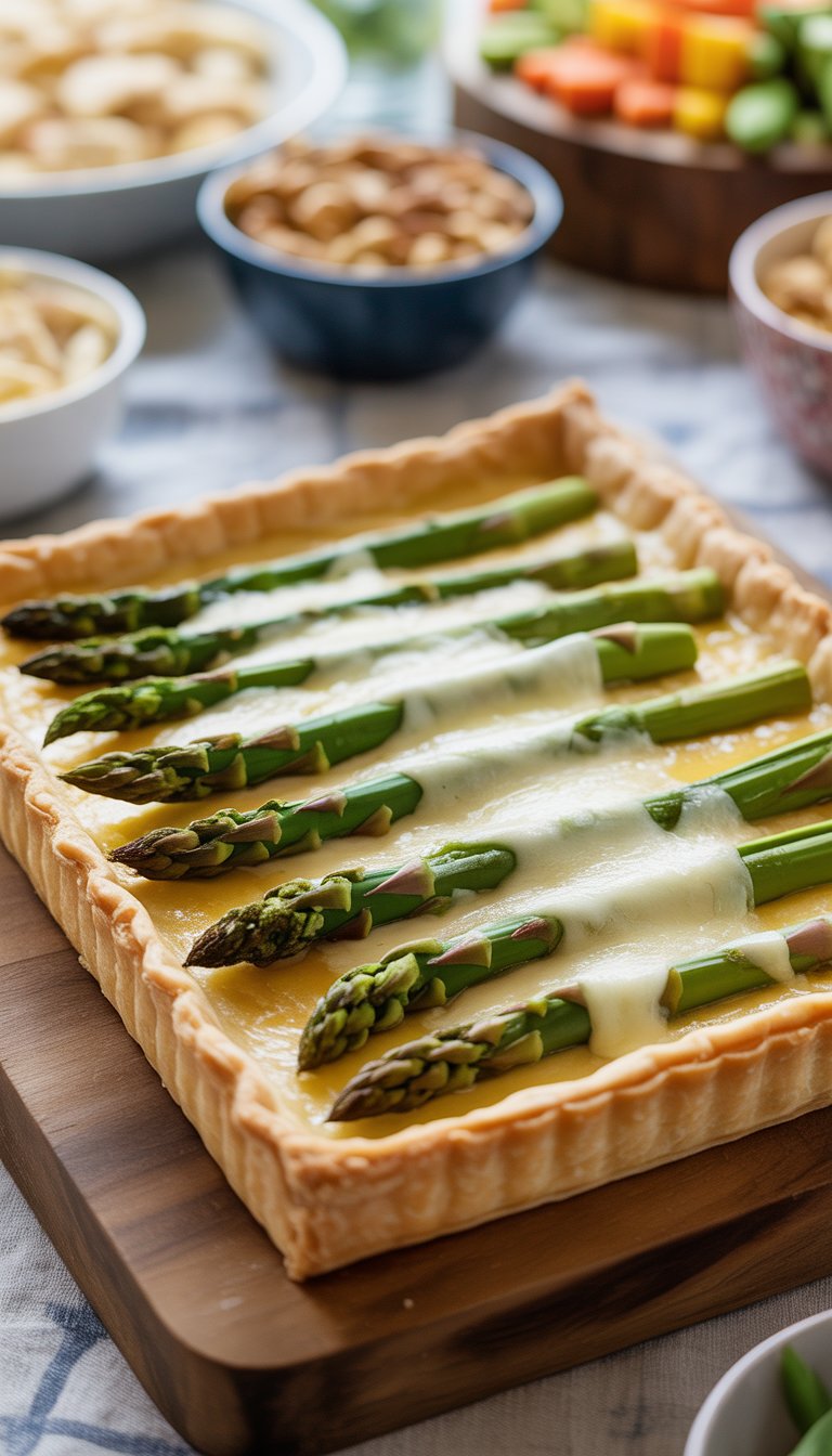 A Fontina asparagus tart on a wooden board surrounded by other finger foods on a table.