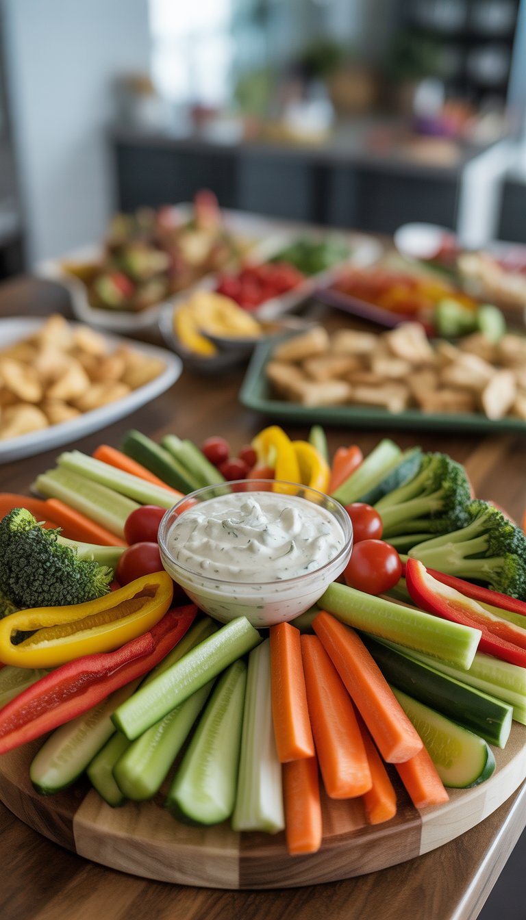 A platter of fresh cut vegetables with a bowl of ranch dip in the center on a wooden board.