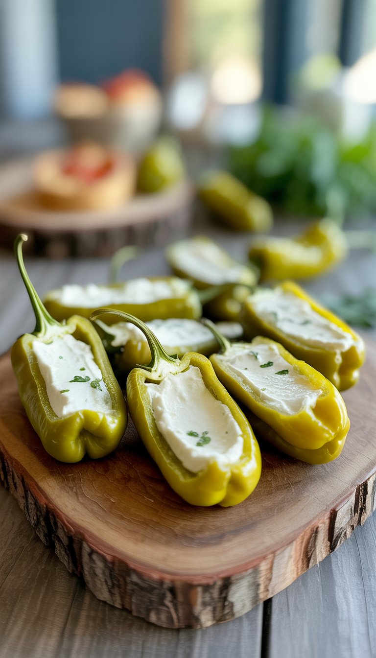 Several stuffed pepperoncini peppers filled with cream cheese arranged on a wooden serving board.