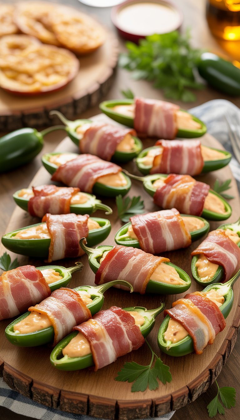 A platter of bacon-wrapped jalapeño poppers on a wooden board with fresh jalapeños and parsley garnish.