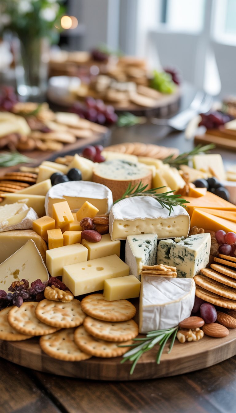 A wooden board with a variety of cheeses, crackers, grapes, nuts, and herbs arranged for a large group or party.