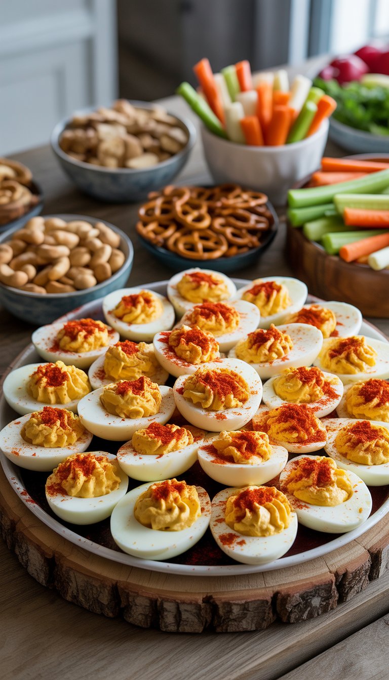 A platter of deviled eggs sprinkled with paprika on a wooden table surrounded by bowls of snacks and vegetable sticks.