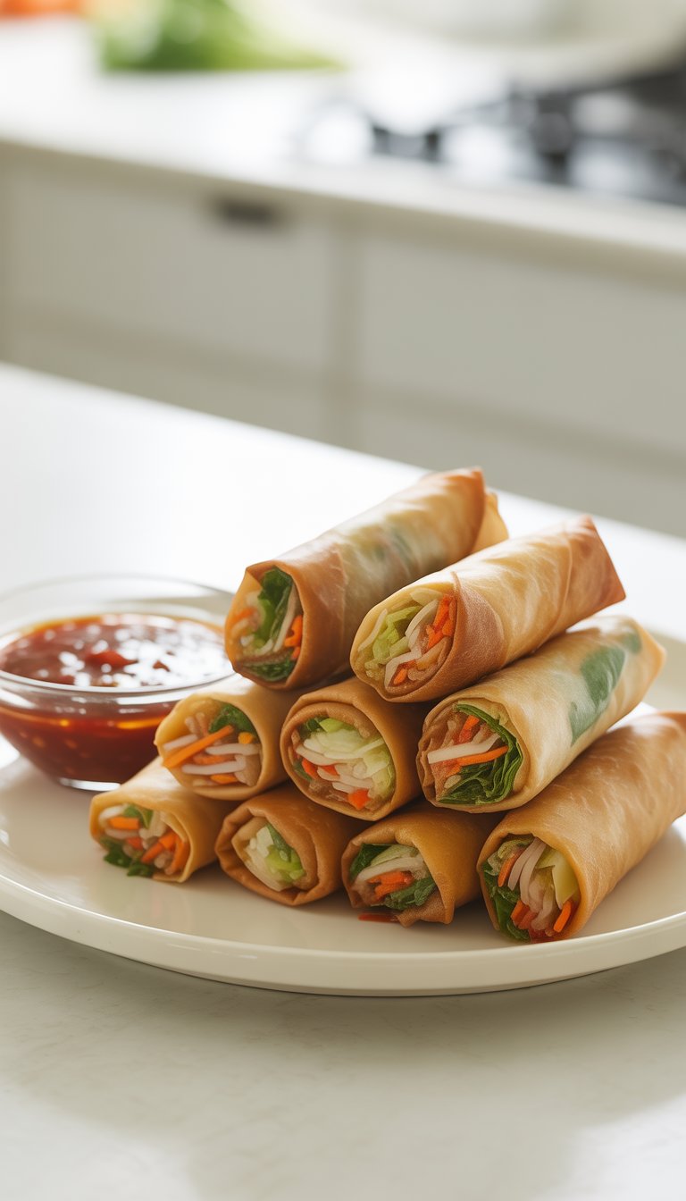 Plate of vegetable spring rolls with a bowl of sweet chili sauce on a table.