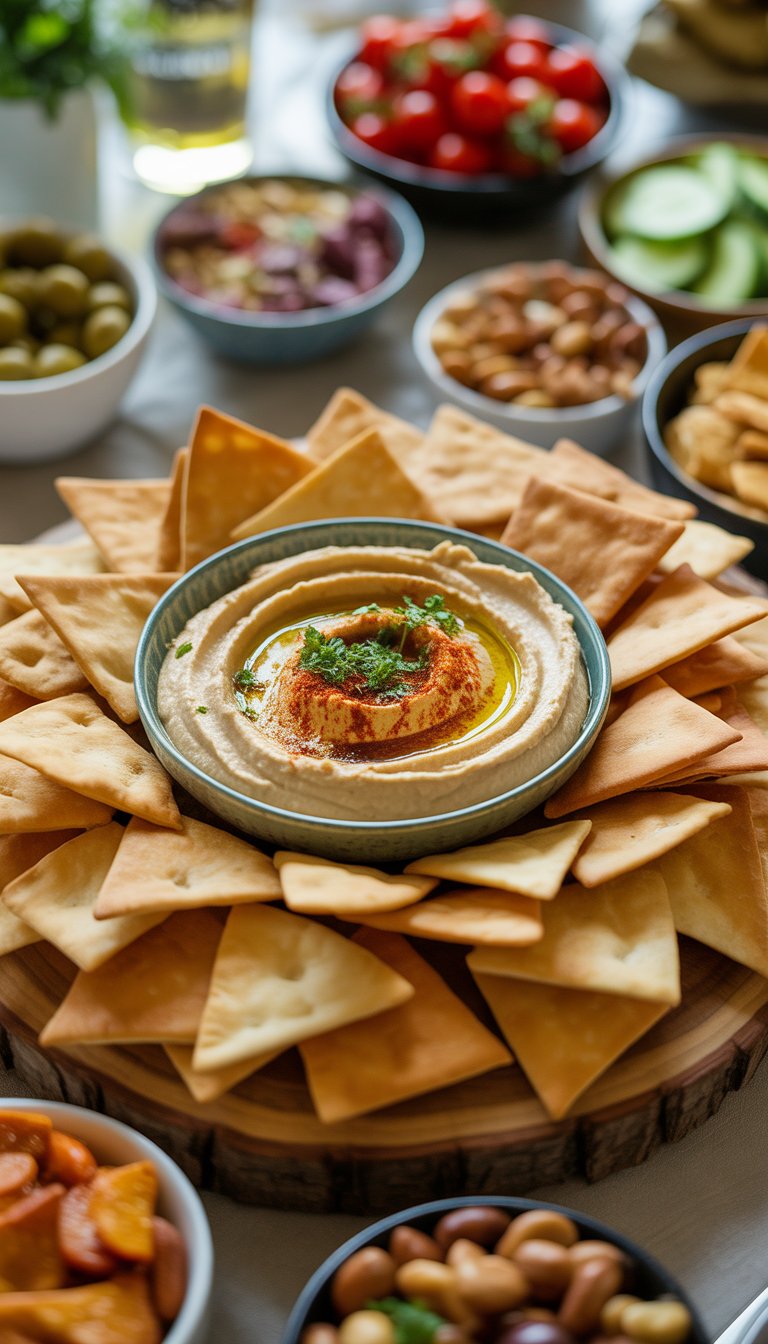A serving board with pita chips surrounding a bowl of hummus, accompanied by small bowls of vegetables and nuts, set for a party.