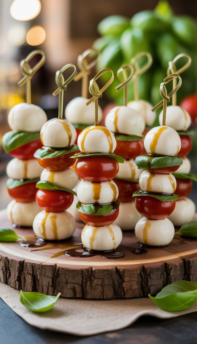 Close-up of Caprese salad skewers with cherry tomatoes, basil, and mozzarella on a wooden board.