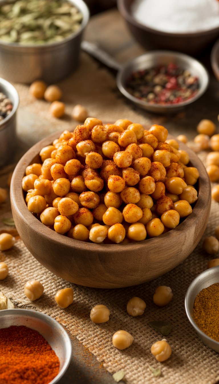 A bowl of roasted chickpeas coated with spices on a wooden surface, surrounded by scattered chickpeas and small bowls of spices.