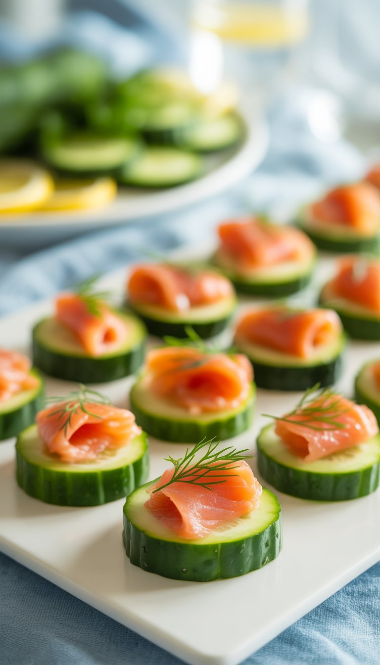 Close-up of cucumber slices topped with smoked salmon and dill on a white platter.