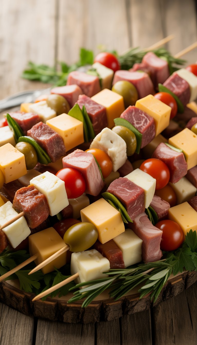 A platter of meat and cheese kabobs with tomatoes and olives arranged on wooden skewers on a table.