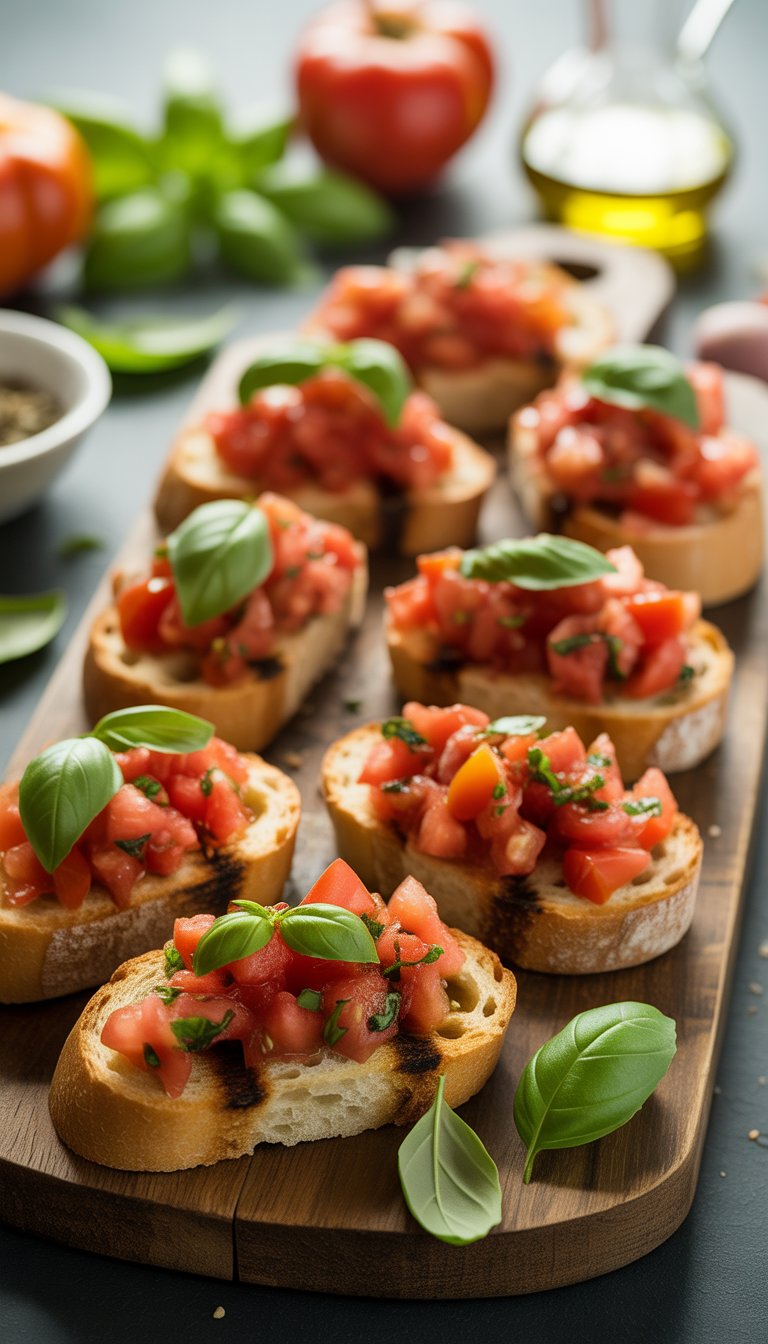 A wooden board with several pieces of bruschetta topped with diced tomatoes and basil, surrounded by fresh tomatoes and basil leaves.