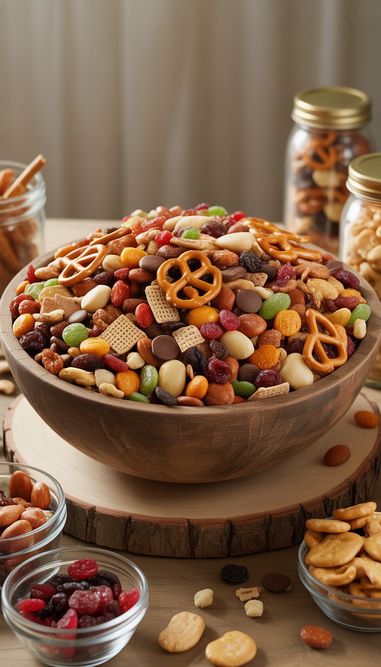 A wooden bowl filled with sweet and salty trail mix containing nuts, pretzels, dried fruits, and chocolate chips on a wooden surface with small bowls of ingredients around it.