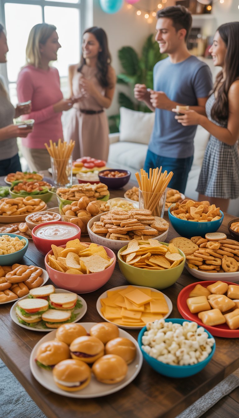 A large table filled with a variety of affordable finger foods and snacks at a lively party with guests in the background.