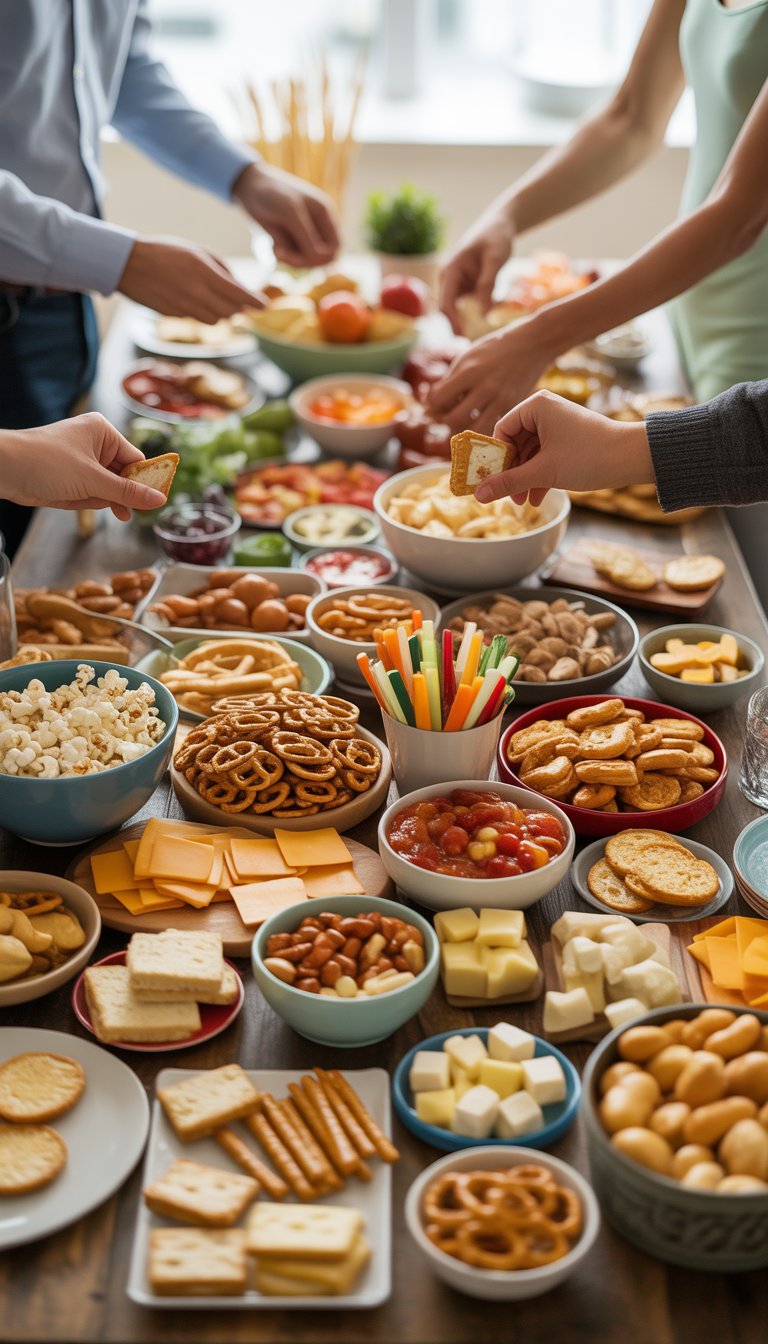 A large table filled with a variety of inexpensive finger foods and snacks arranged for a party, with hands reaching to grab the food.