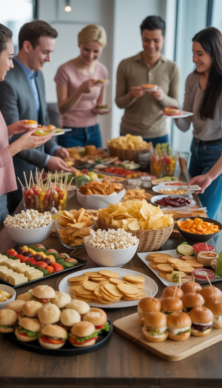 A large table filled with a variety of affordable finger foods and snacks, with people reaching for them at a party.