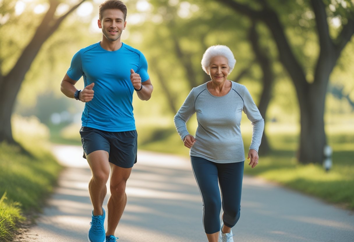 Dos personas, un adulto joven y un adulto mayor, haciendo ejercicio al aire libre en un parque, uno corriendo y el otro estirándose.