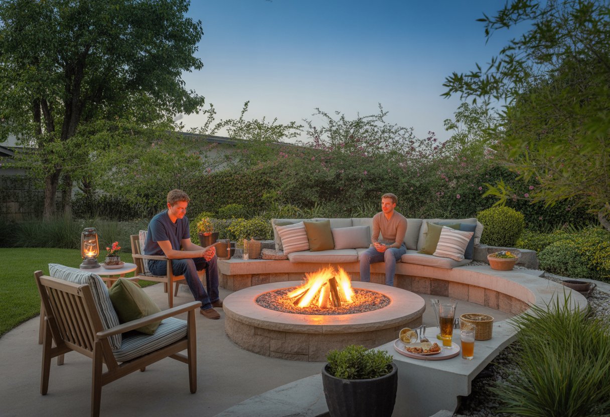 A backyard fire pit area with stone seating, a lit fire pit, plants, and outdoor furniture surrounded by green grass and trees.