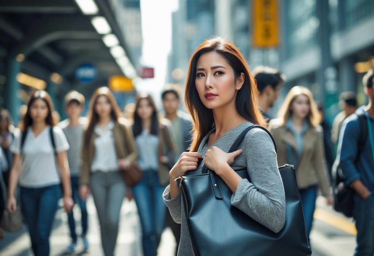 A woman holding her handbag tightly in a busy city street with people walking around her.