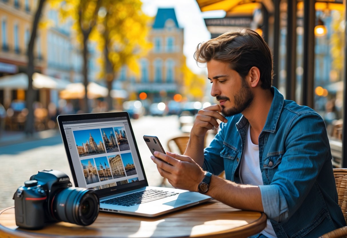 A traveler at an outdoor café looking at photos on a laptop with a camera nearby and a cityscape in the background.