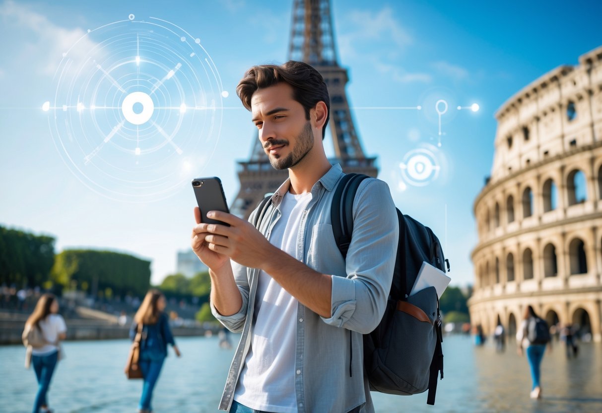 A traveler looking at photos on a smartphone in front of a famous travel landmark with other tourists nearby.