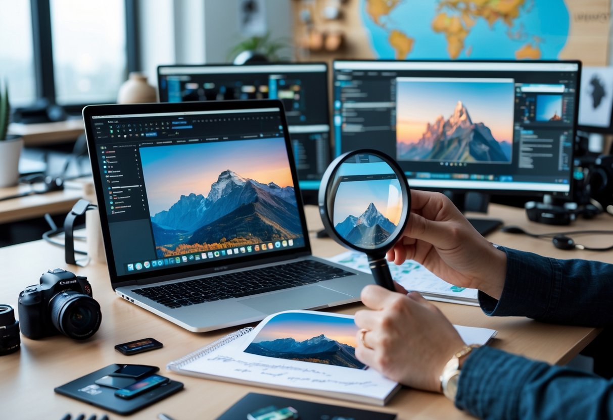 A person examining a travel photo with a magnifying glass at a desk with a laptop, camera, and monitors showing digital tools in an office setting.