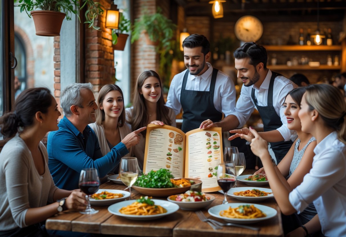 Tourists sitting at a table in an Italian restaurant looking at a menu while a waiter explains the dishes.