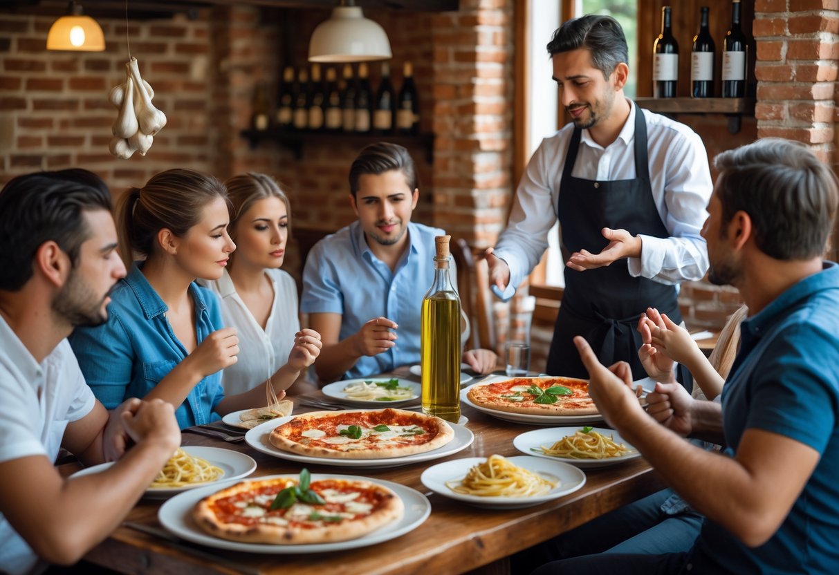 Tourists at an Italian restaurant table making common mistakes while a waiter explains something to them.