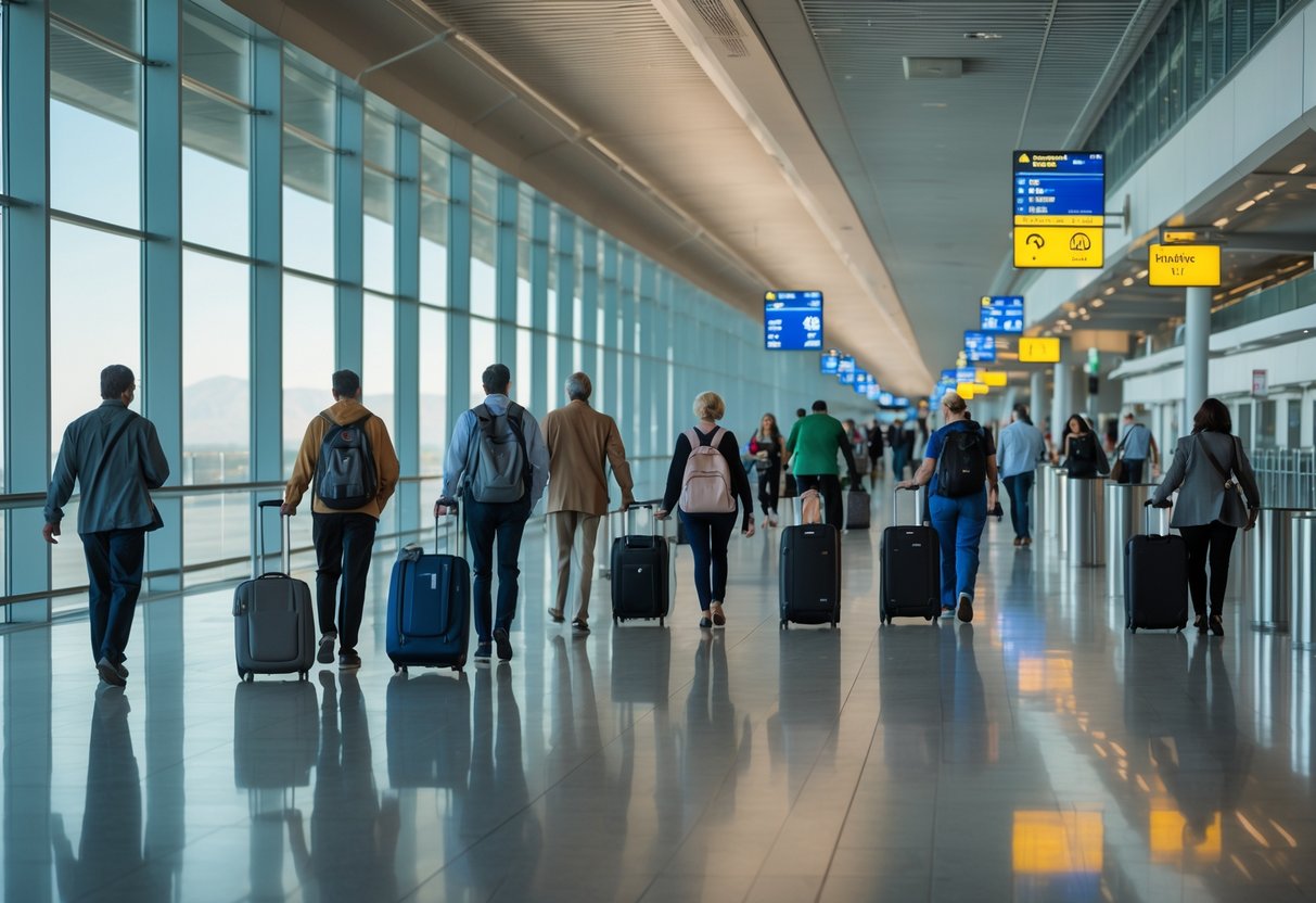 Passengers walking through a long airport terminal corridor with luggage and overhead flight information displays.