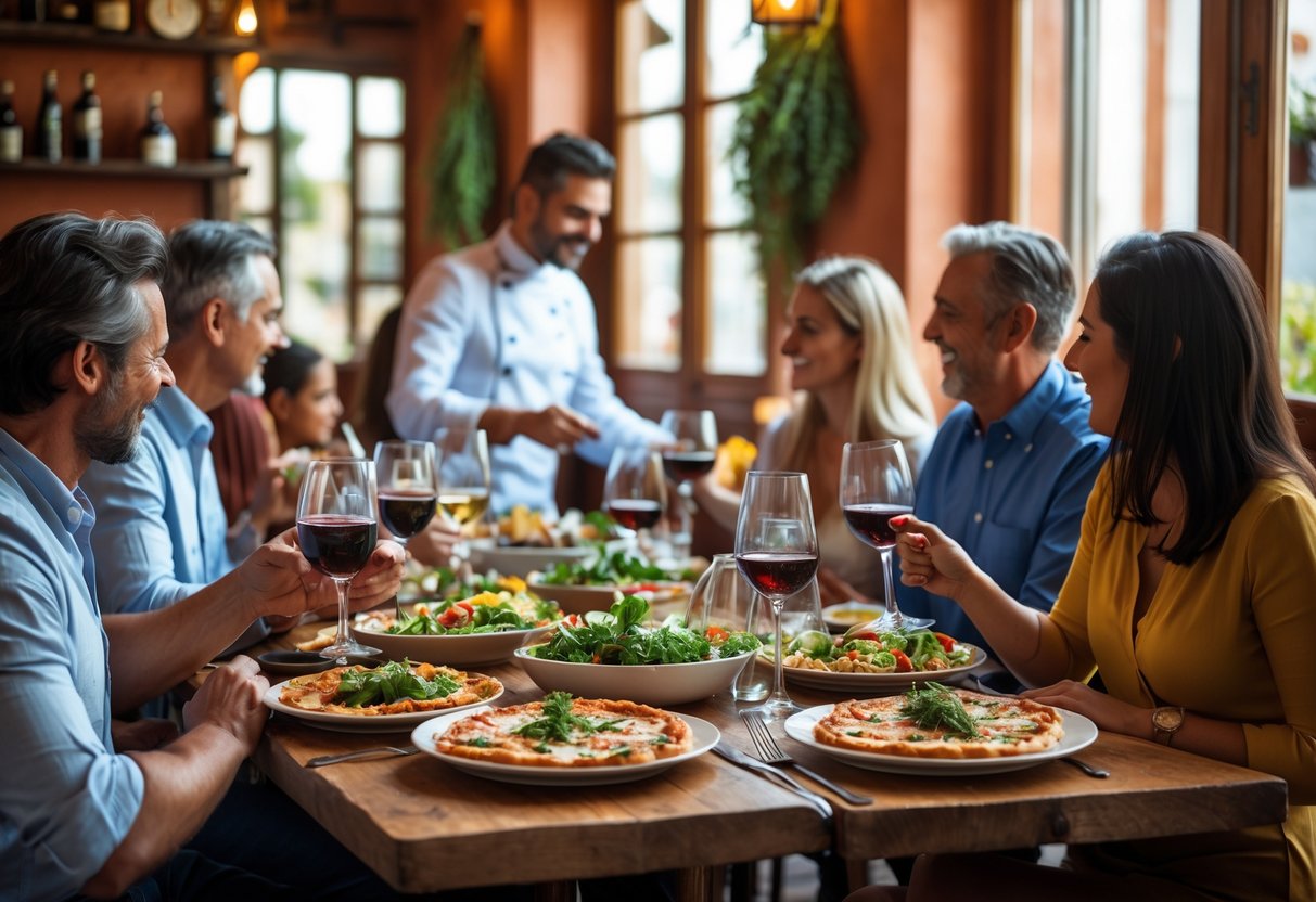 People enjoying a meal together in a cozy Italian restaurant with traditional dishes and warm lighting.