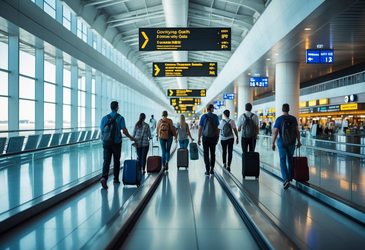 Travelers walking through a long airport corridor with luggage and signs pointing to connecting flights.