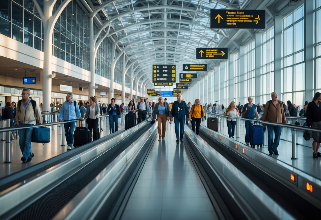 Travelers walking through a long airport corridor with moving walkways and overhead signs indicating gates.