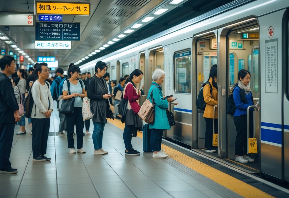 Passengers waiting quietly in line on a Japanese train platform with a train stopped and people inside showing polite behavior.