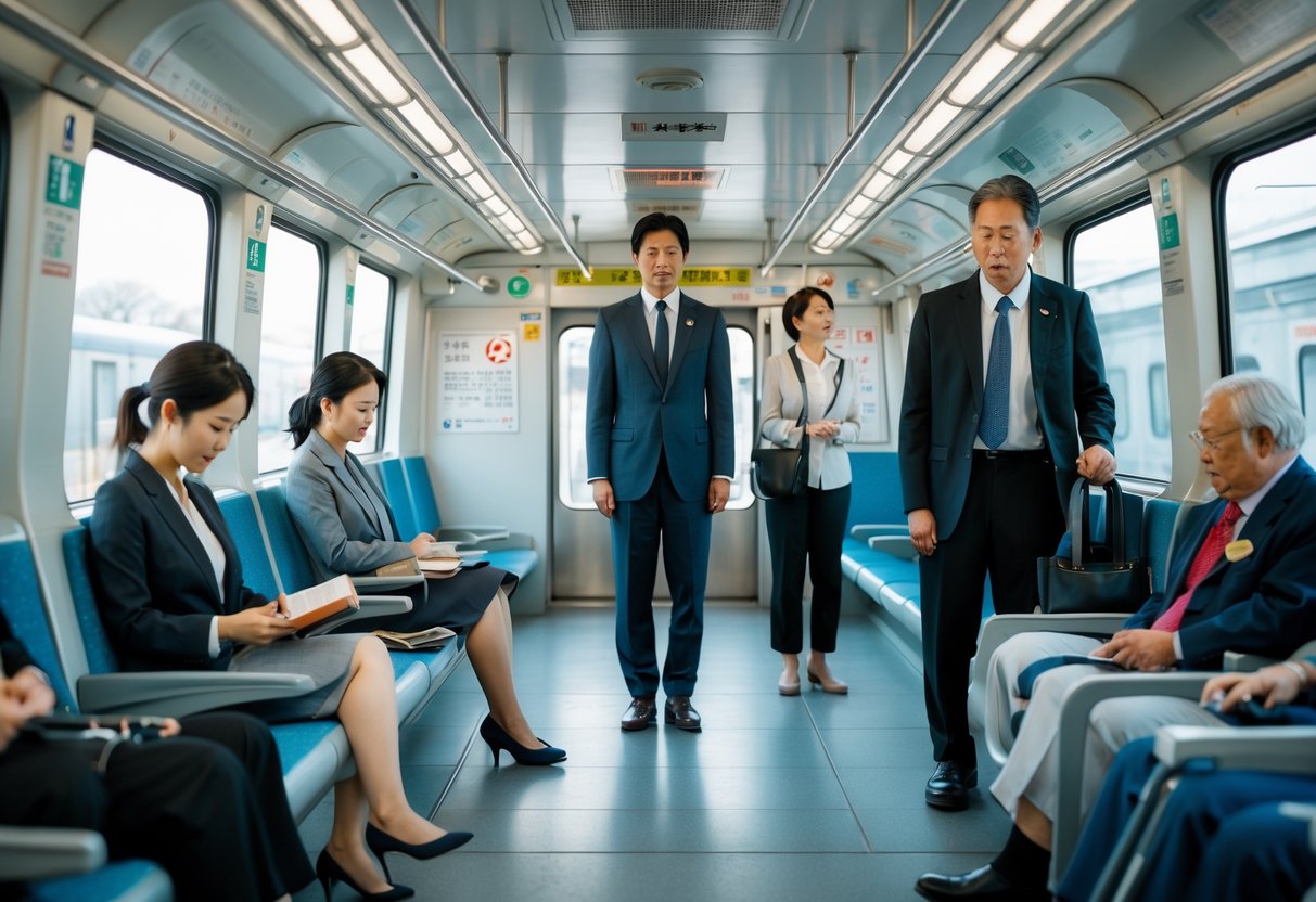 Inside a Japanese train with passengers quietly seated and standing, showing polite and respectful behavior.