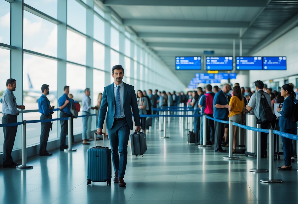 A traveler carrying a suitcase walks past a long airport security line with security staff nearby and airplanes visible outside large windows.