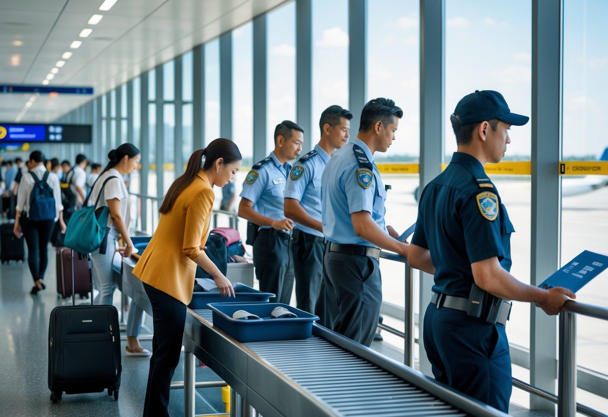 Travelers moving quickly through an airport security checkpoint with officers assisting and passengers placing belongings on trays.