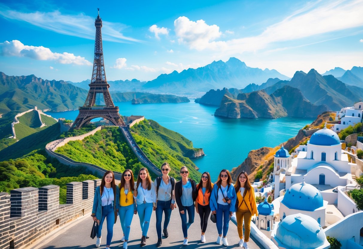A collage of famous travel landmarks including the Eiffel Tower, Great Wall of China, tropical beach, Santorini buildings, and snow-capped mountains with travelers exploring.