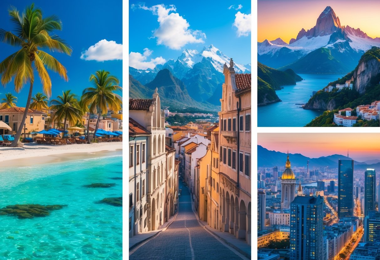 A collage of famous travel destinations including a tropical beach, historic European city, snowy mountains, and a modern city skyline at sunset.